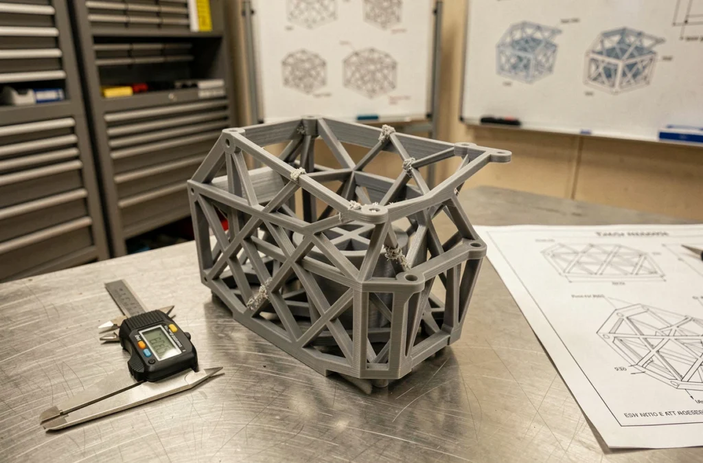 Gros plan d'un prototype industriel complexe imprimé en 3D posé sur un établi avec un pied à coulisse et des plans techniques