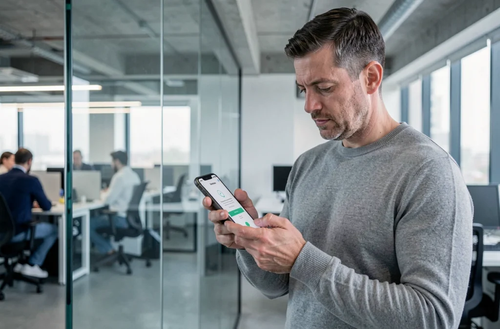 Homme configurant l'authentification à deux facteurs sur son smartphone dans un bureau en open space