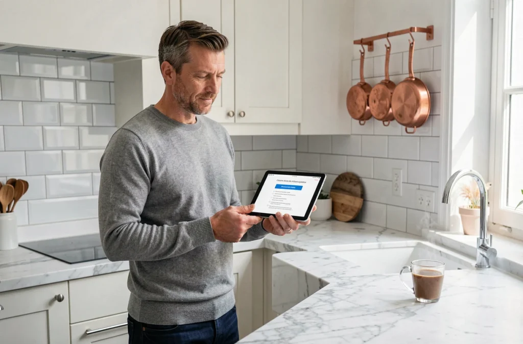 Homme consultant une notification de consentement RGPD sur une tablette dans une cuisine d'appartement parisien