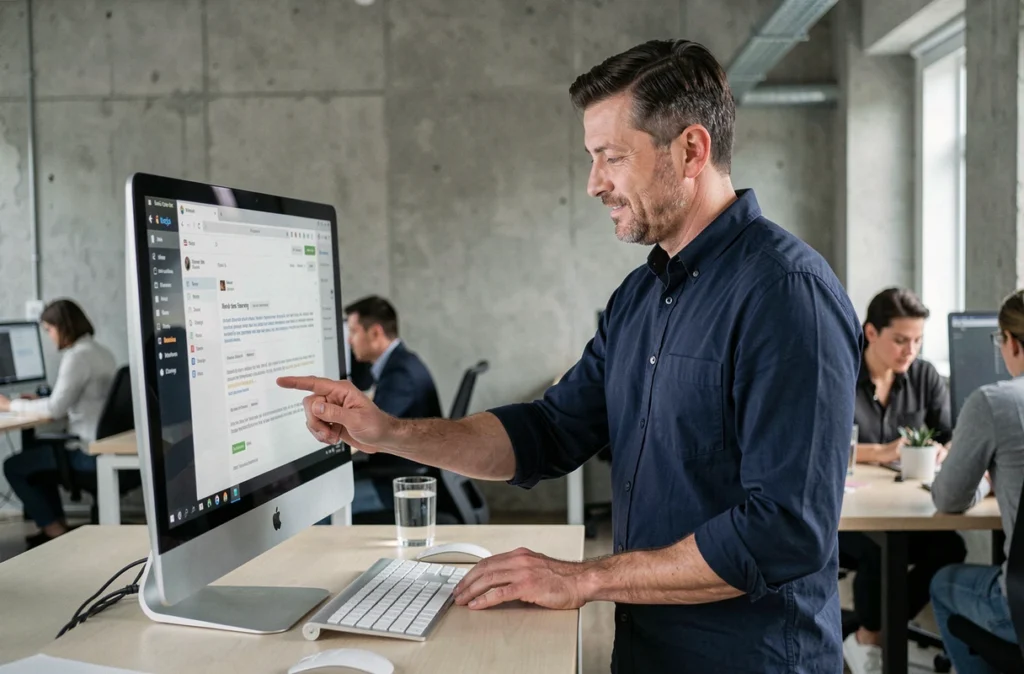 Homme d'affaires consultant sa boîte email debout à un bureau ergonomique dans un open space moderne
