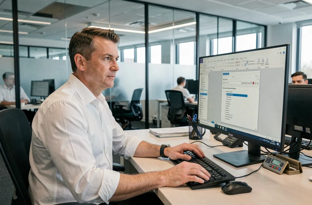 Homme en chemise blanche utilisant des raccourcis Word sur un écran d'ordinateur dans un bureau moderne