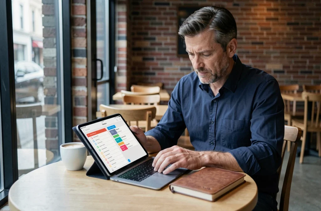 Homme consultant une application de prise de notes sur tablette dans un café pour gérer ses tâches professionnelles
