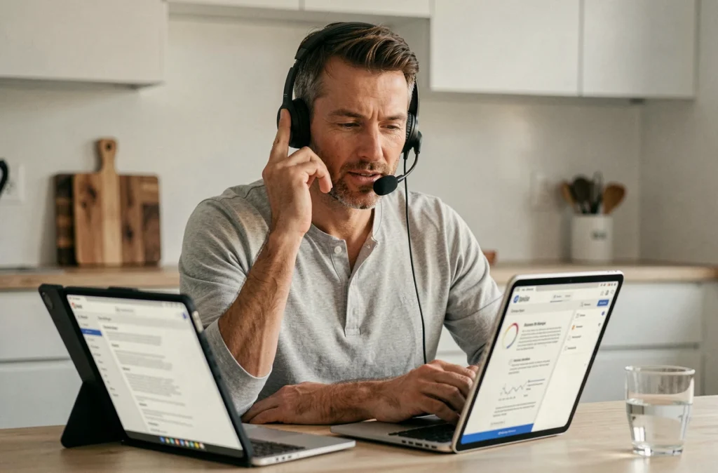 Homme en télétravail révisant un compte-rendu de réunion virtuelle sur tablette depuis sa cuisine aménagée en bureau