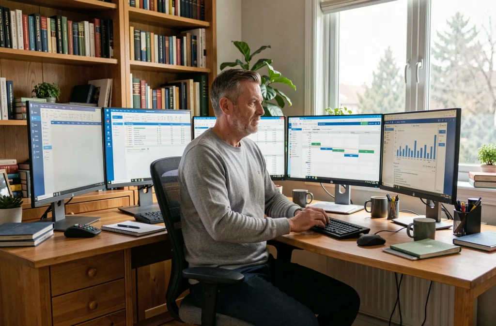 Homme en télétravail gérant plusieurs écrans avec des tableaux de bord et des rapports automatisés dans un bureau à domicile organisé