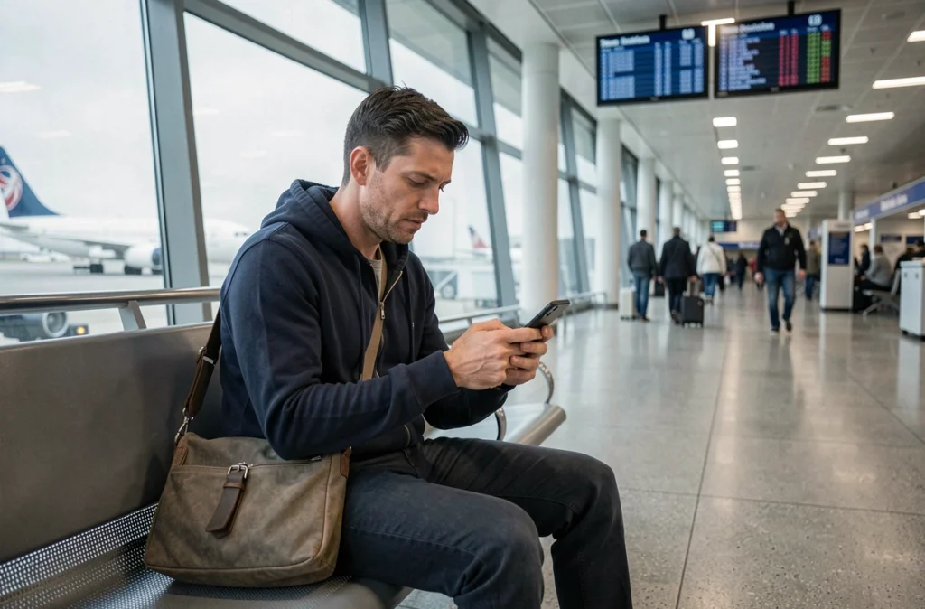 Homme connecté au wifi public dans un terminal d'aéroport avec son smartphone