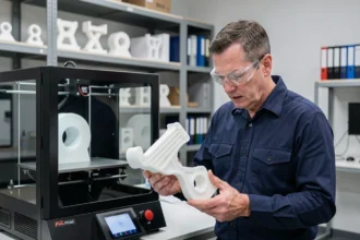 Ingénieur industriel inspectant un prototype imprimé en 3D dans un laboratoire de recherche et développement moderne