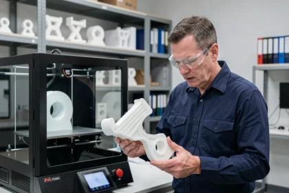 Ingénieur industriel inspectant un prototype imprimé en 3D dans un laboratoire de recherche et développement moderne