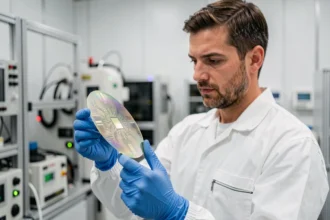 Ingénieur en combinaison de salle blanche tenant une plaquette de silicium dans une usine de semi-conducteurs