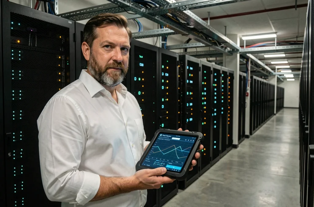Ingénieur informatique masculin utilisant une interface d'IA pour surveiller la sécurité réseau dans une salle de serveurs d'entreprise