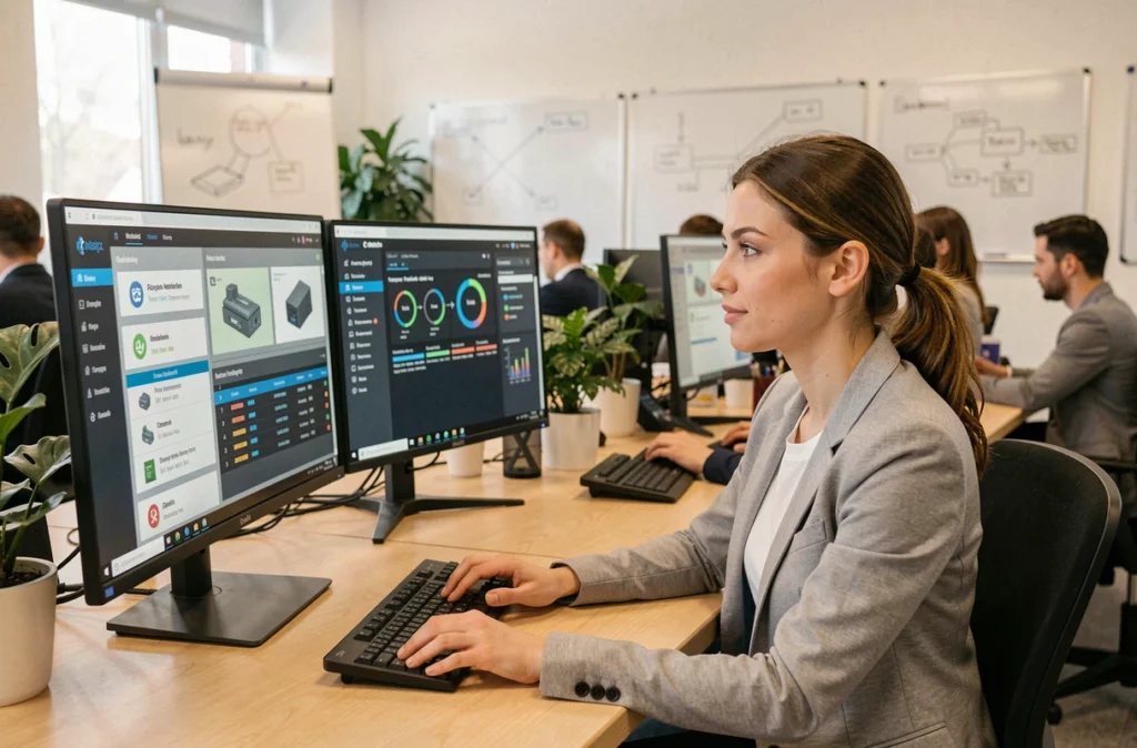 Ingénieure logicielle utilisant une interface d'intelligence artificielle pour optimiser la maintenance informatique préventive