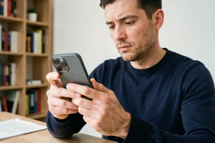 Homme inspectant un iPhone 12 Pro reconditionné en vérifiant l'état de son boîtier et de ses caméras