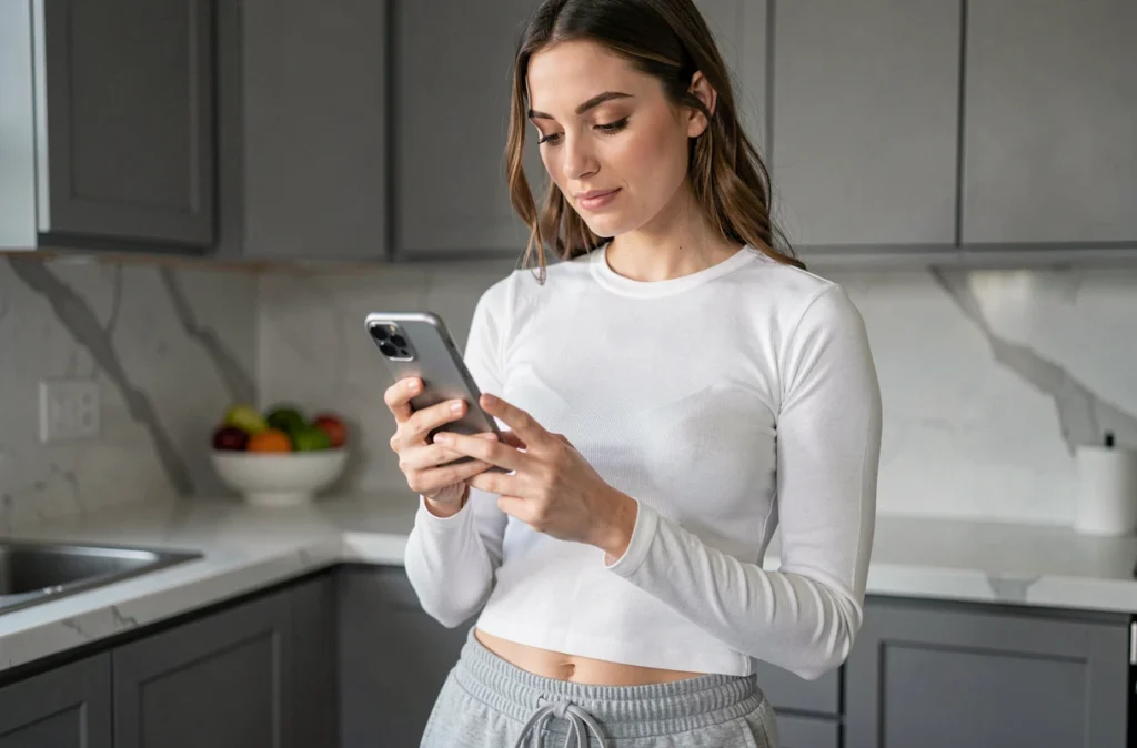 Jeune femme consultant sa liste de tâches numériques sur smartphone dans une cuisine moderne