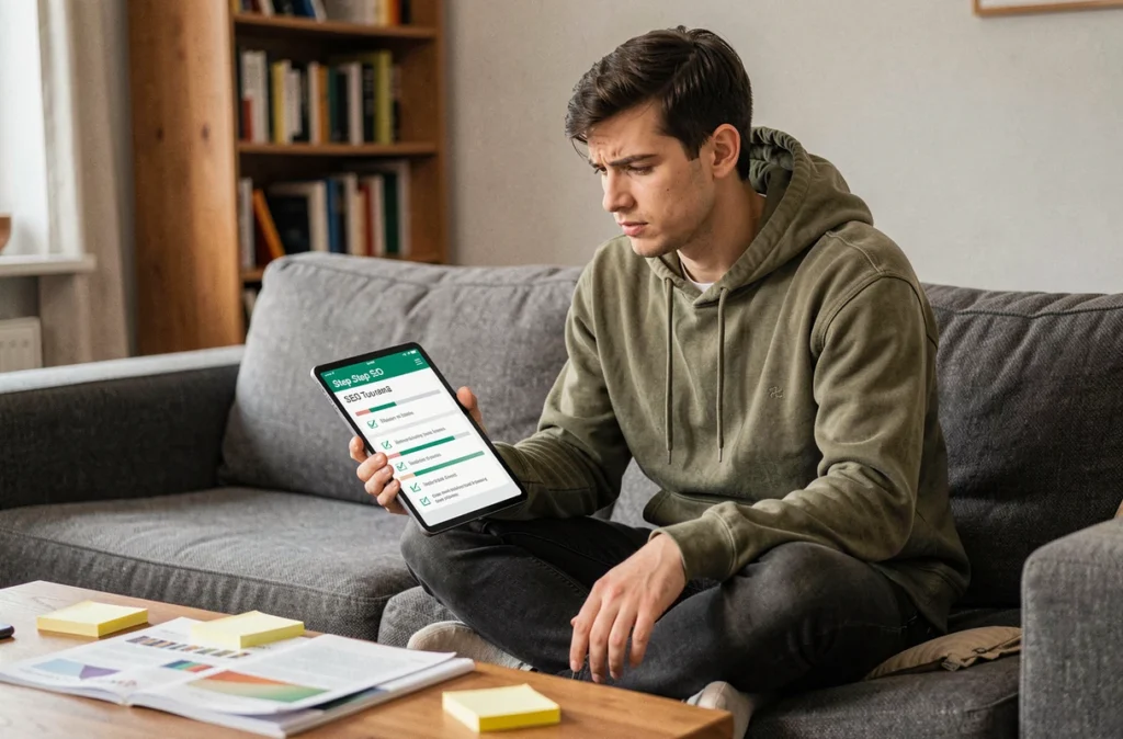 Jeune homme débutant en référencement naturel consultant un tutoriel SEO étape par étape sur sa tablette depuis son canapé