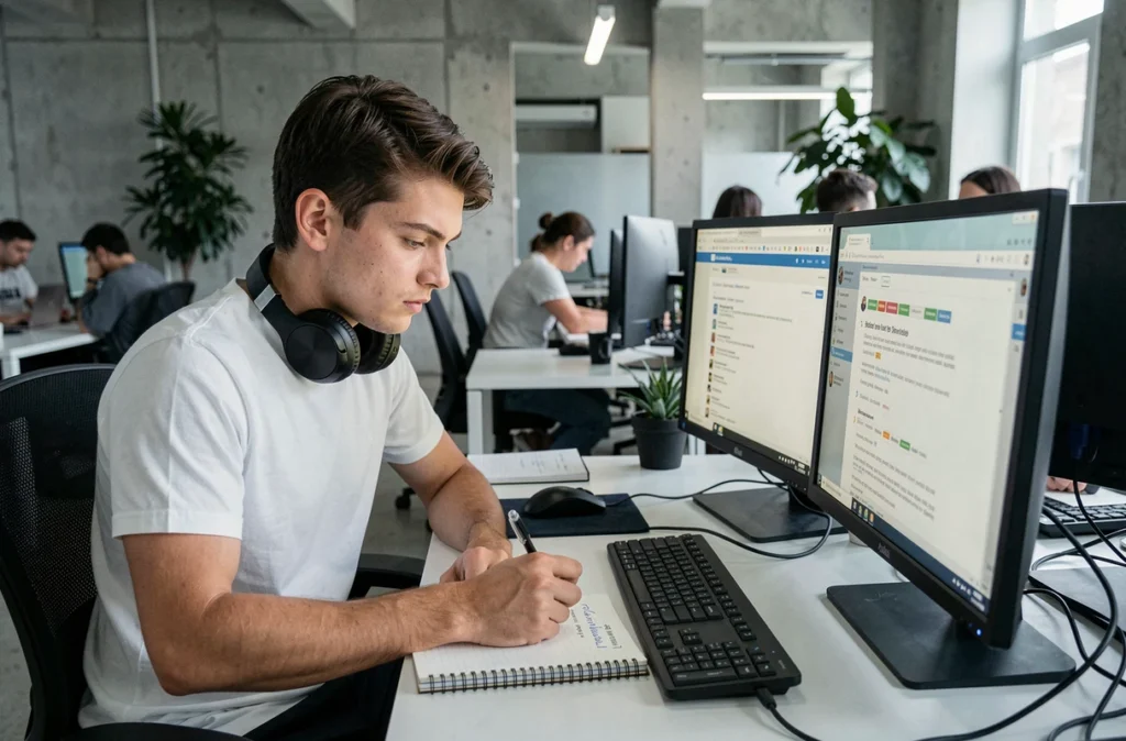 Jeune homme consultant des archives de forum JVC sur ordinateur de bureau dans un espace de coworking moderne