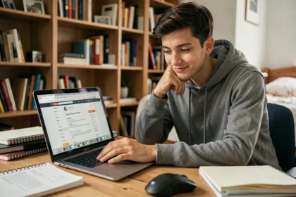 Jeune homme consultant un forum de discussion JVC sur son ordinateur portable dans sa chambre d'étudiant