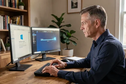 Un homme d'une cinquantaine d'années suit attentivement les étapes de migration de Windows 7 vers Windows 10 sur son bureau double écran à domicile