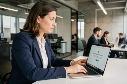 Femme professionnelle vérifiant une mise à jour logicielle sur son ordinateur portable dans un bureau moderne