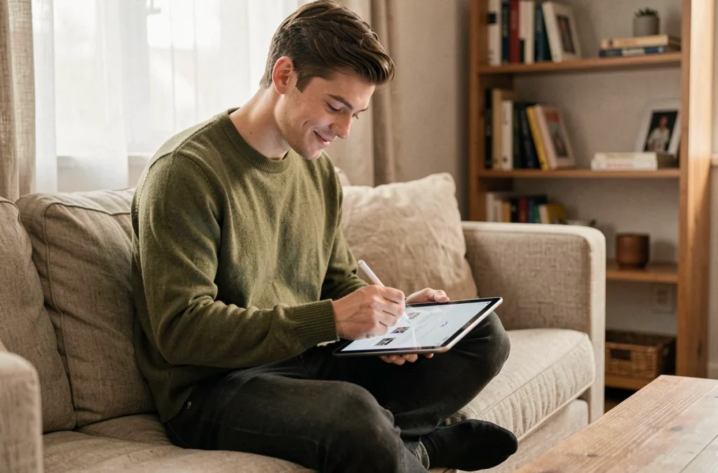 Jeune professionnel organisant ses emails sur une tablette depuis son canapé dans un cadre décontracté