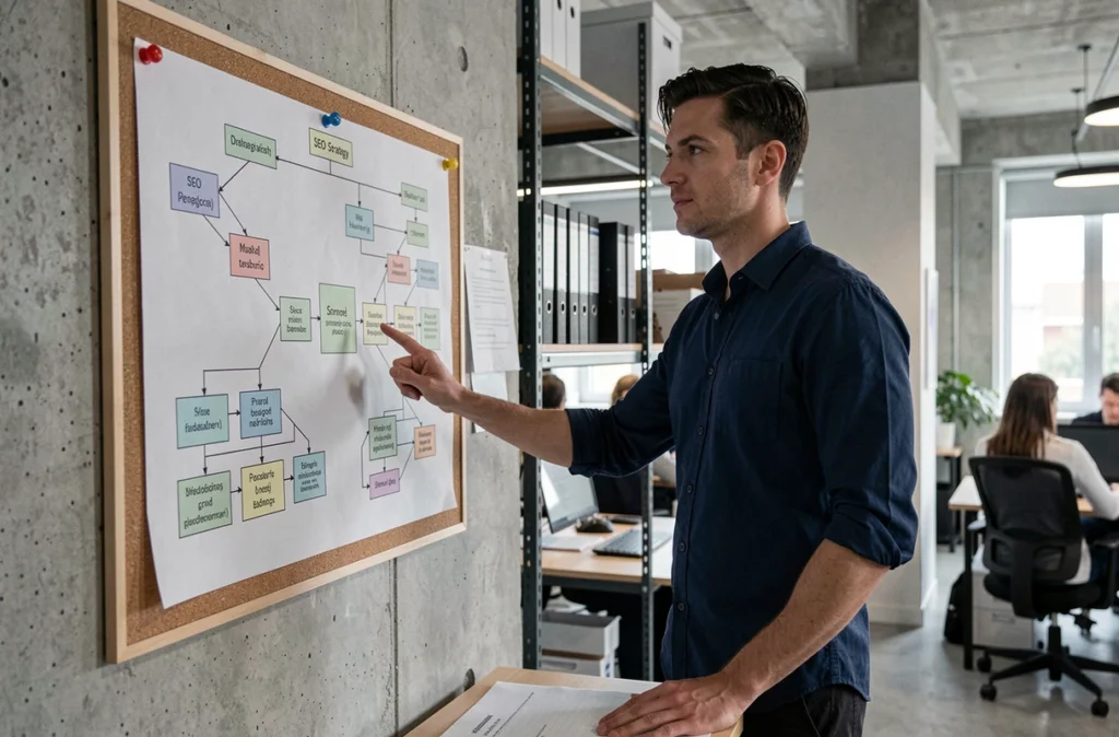 Homme en entreprise analysant une feuille de route SEO pas à pas affichée sur un tableau de liège dans un bureau moderne