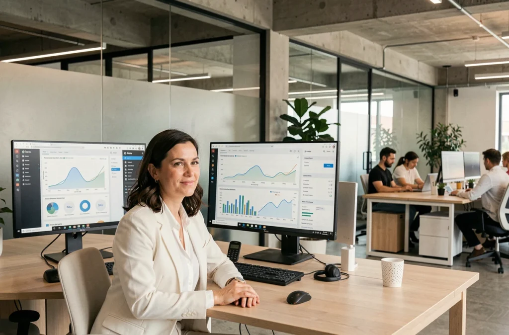 Professionnelle en entreprise travaillant sur des tableaux de bord de migration vers le cloud hybride dans un open space moderne
