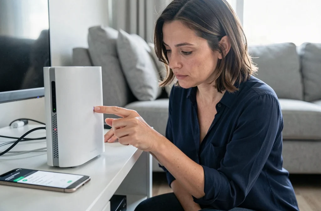 Femme inspectant le bouton de réinitialisation d'un routeur Wi-Fi avant de procéder à la remise à zéro