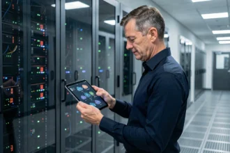 Responsable informatique analysant une architecture cloud hybride sur tablette devant une salle de serveurs en entreprise