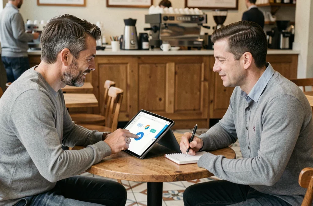 Deux collègues partageant un document collaboratif sur tablette lors d'une réunion informelle dans un café