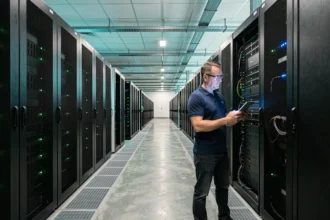 Technicien inspectant les serveurs dans une salle de data center moderne avec des rangées de racks illuminés