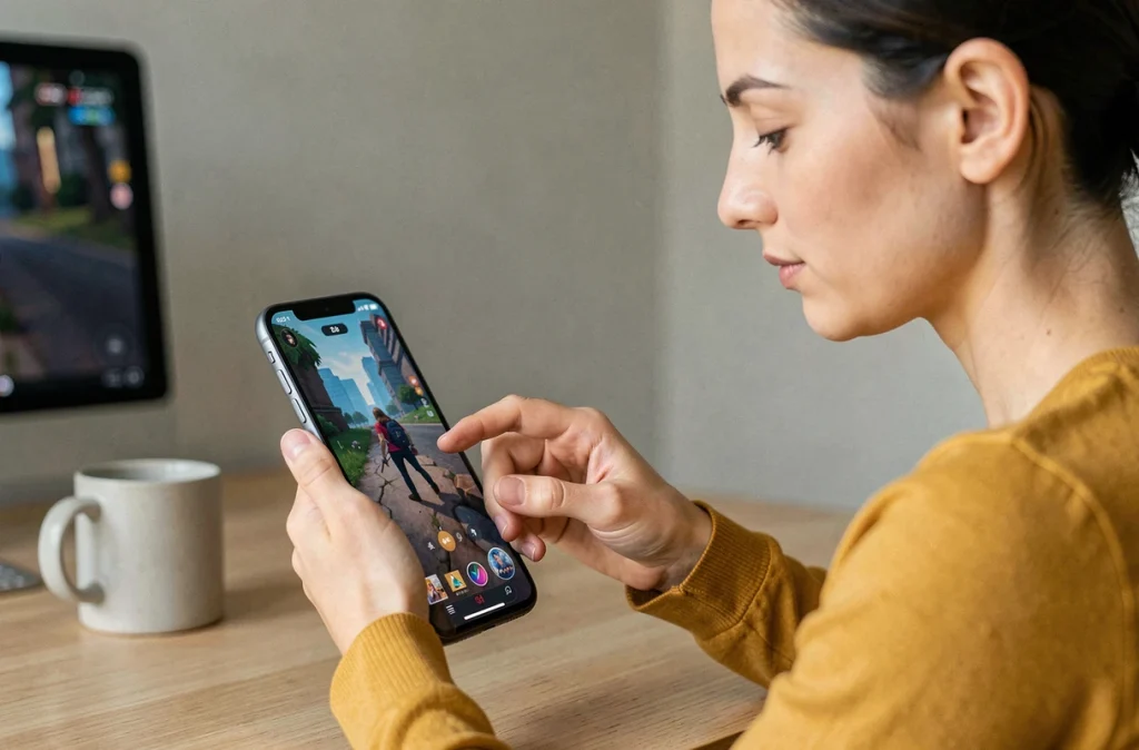Femme testant les performances gaming du Samsung Galaxy A25 à son bureau moderne