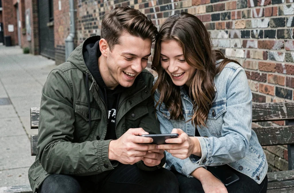 Deux amis partageant une session de jeu mobile sur Samsung Galaxy A25 en extérieur urbain