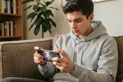 Jeune homme jouant à un jeu mobile sur Samsung Galaxy A25 en position détendue dans un salon