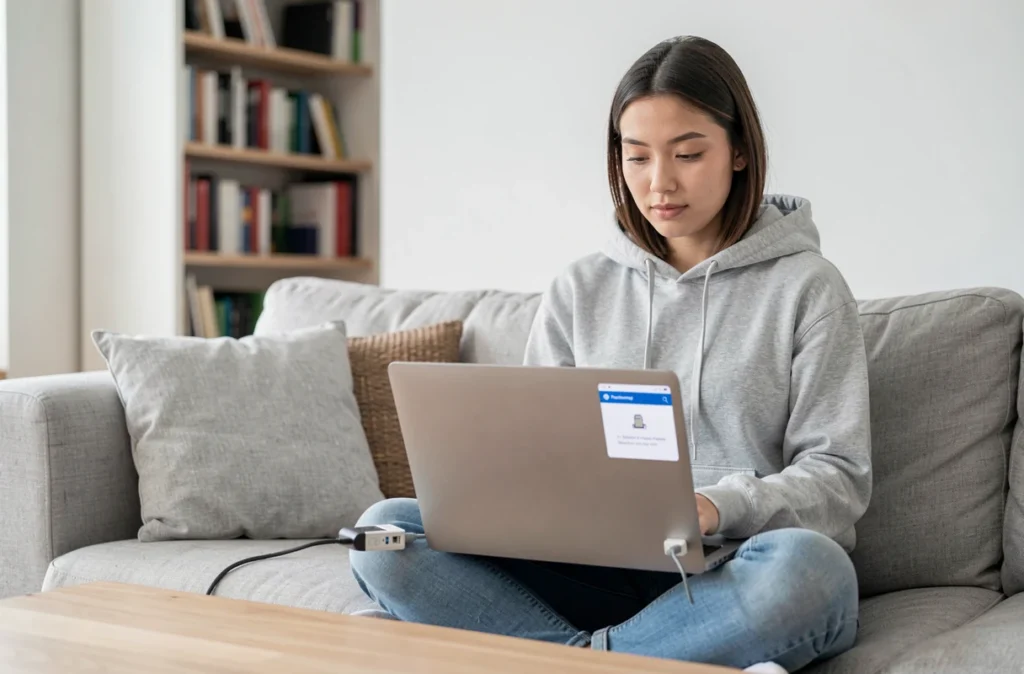 Une jeune femme sauvegarde ses données sur un disque USB avant de procéder à la mise à niveau de Windows 7 vers Windows 10 sur son canapé