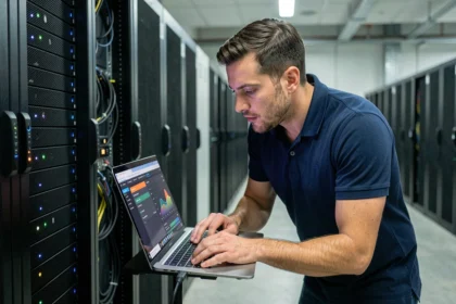 Technicien informatique analysant des données de maintenance assistée par IA sur un écran dans une salle de serveurs moderne