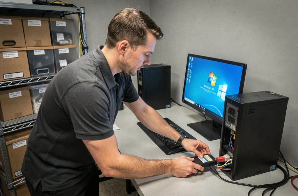 Un technicien informatique connecte un disque dur externe à un PC de bureau lors d'une migration professionnelle de Windows 7 vers Windows 10 en entreprise