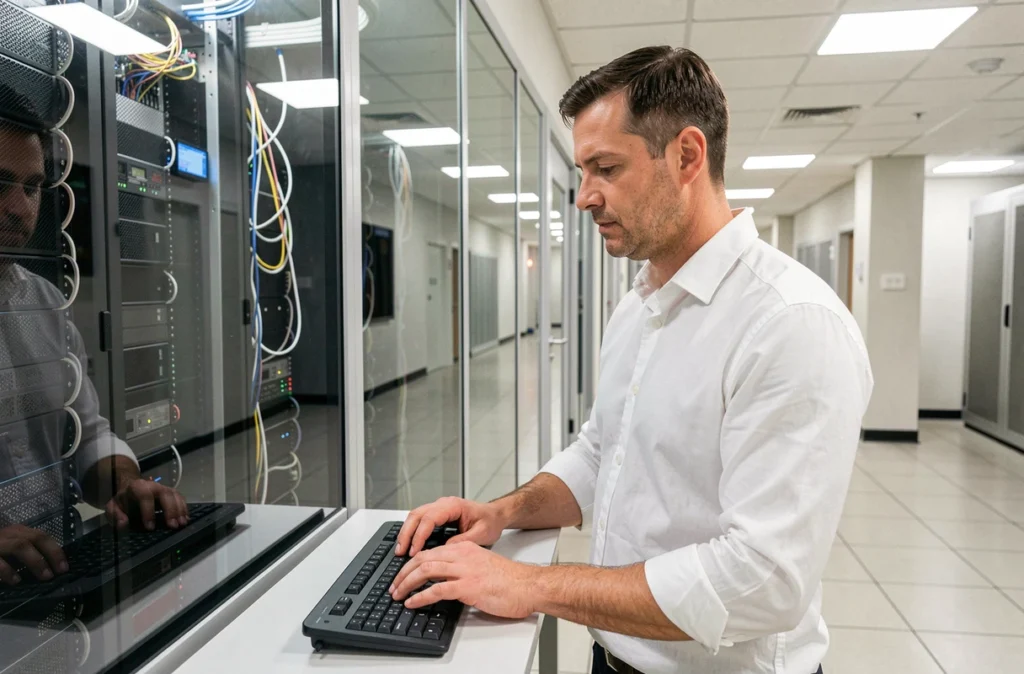 Technicien informatique saisissant un mot de passe sécurisé devant une salle de serveurs en entreprise