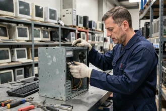 Technicien démontant un ordinateur de bureau dans un centre de recyclage de matériel informatique professionnel