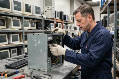 Technicien démontant un ordinateur de bureau dans un centre de recyclage de matériel informatique professionnel