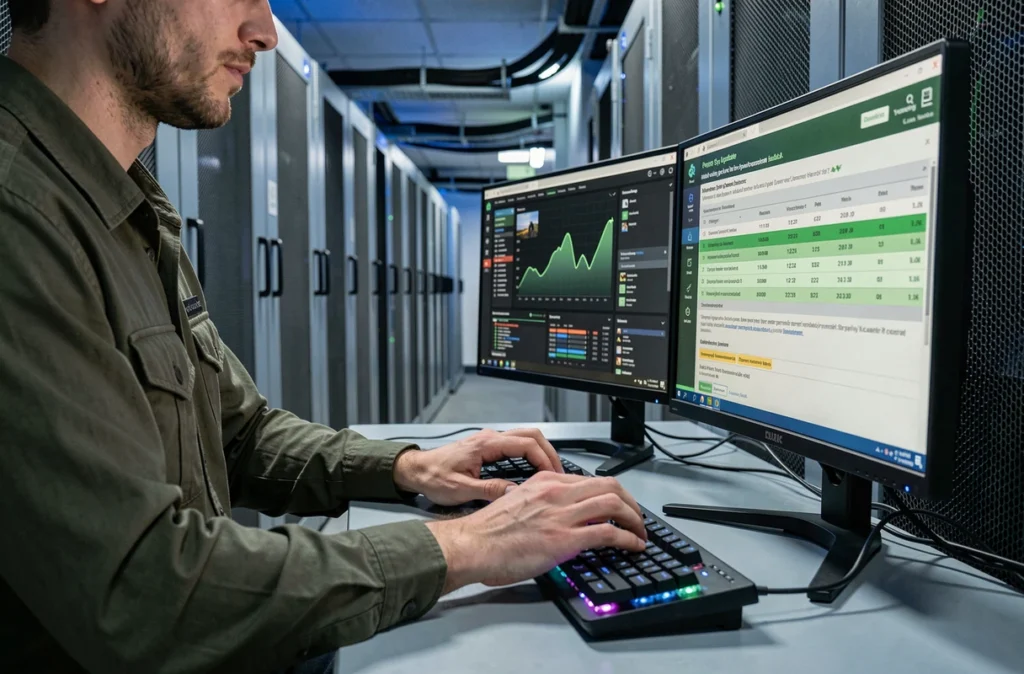 Technicien informatique gérant les mises à jour de sécurité depuis une salle des serveurs
