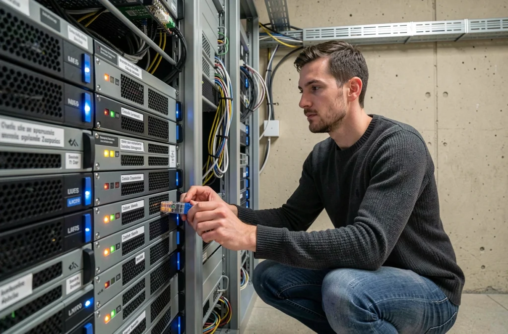 Technicien informatique installant un système d'exploitation open source sur des serveurs dans une salle informatique municipale française