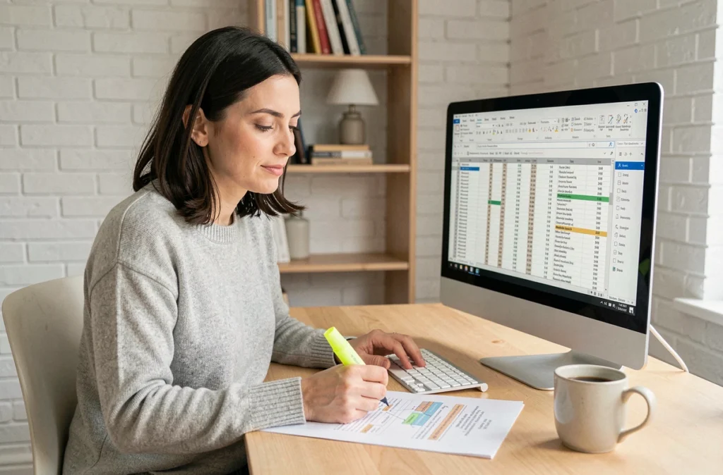Femme travaillant seule depuis son bureau à domicile sur des documents partagés en ligne