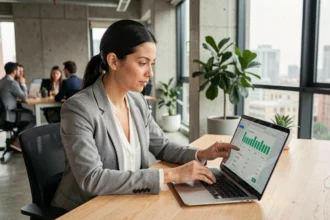 Femme professionnelle transférant un fichier volumineux en toute sécurité depuis son ordinateur portable dans un bureau moderne