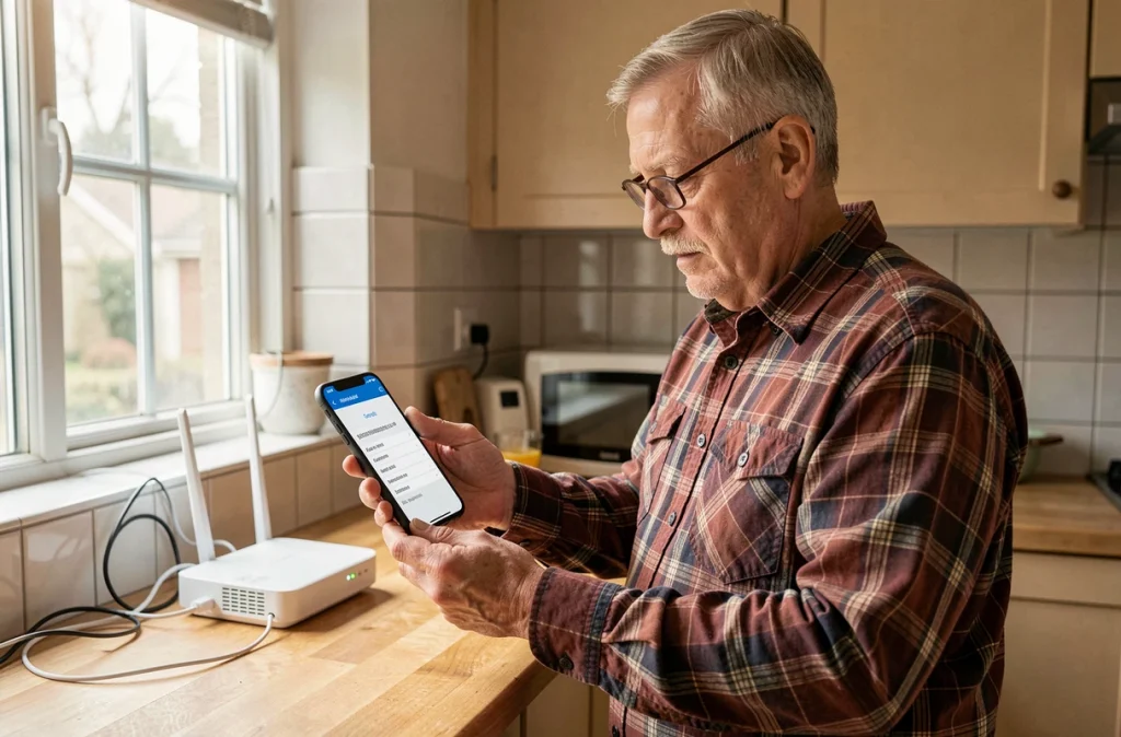 Homme vérifiant les paramètres réseau de son routeur sur smartphone avant une réinitialisation complète