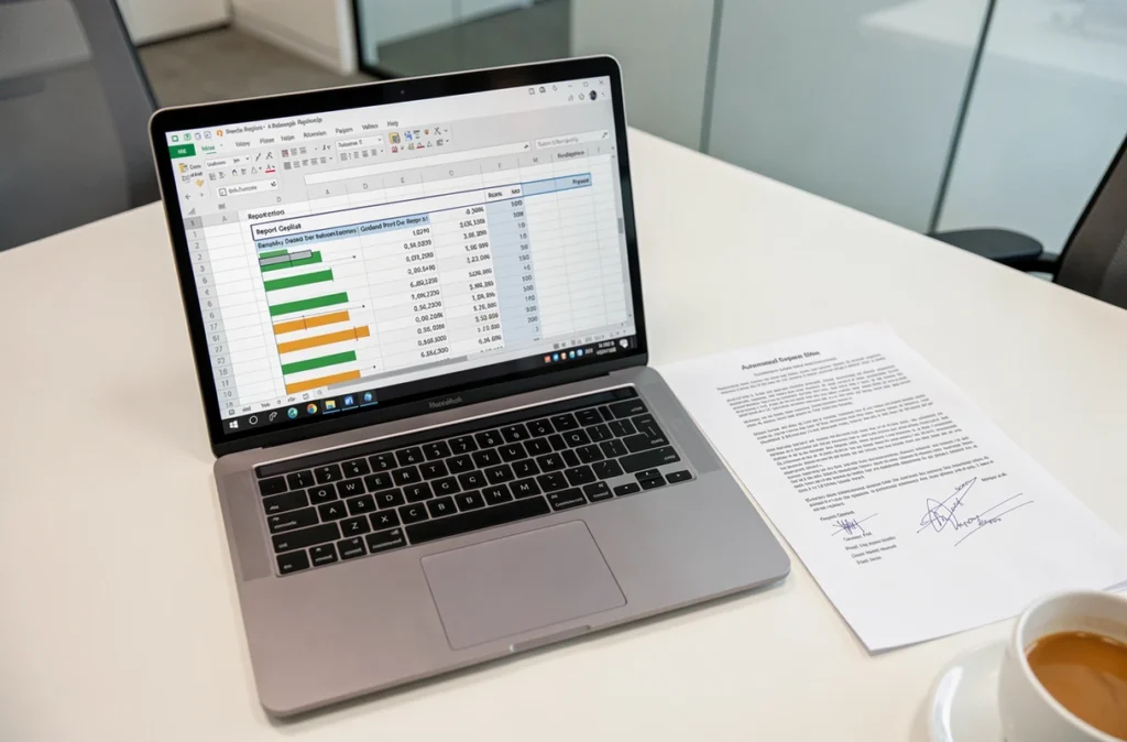 Vue de dessus d'un ordinateur portable affichant un tableur automatisé avec des rapports en cours de génération et un document imprimé annoté sur un bureau minimaliste