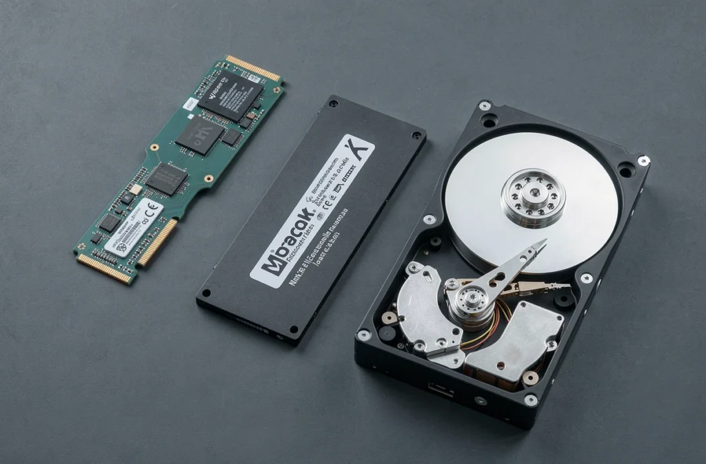 Vue à plat comparant un SSD M.2 NVMe, un SSD SATA et un disque dur HDD ouvert montrant ses plateaux magnétiques internes