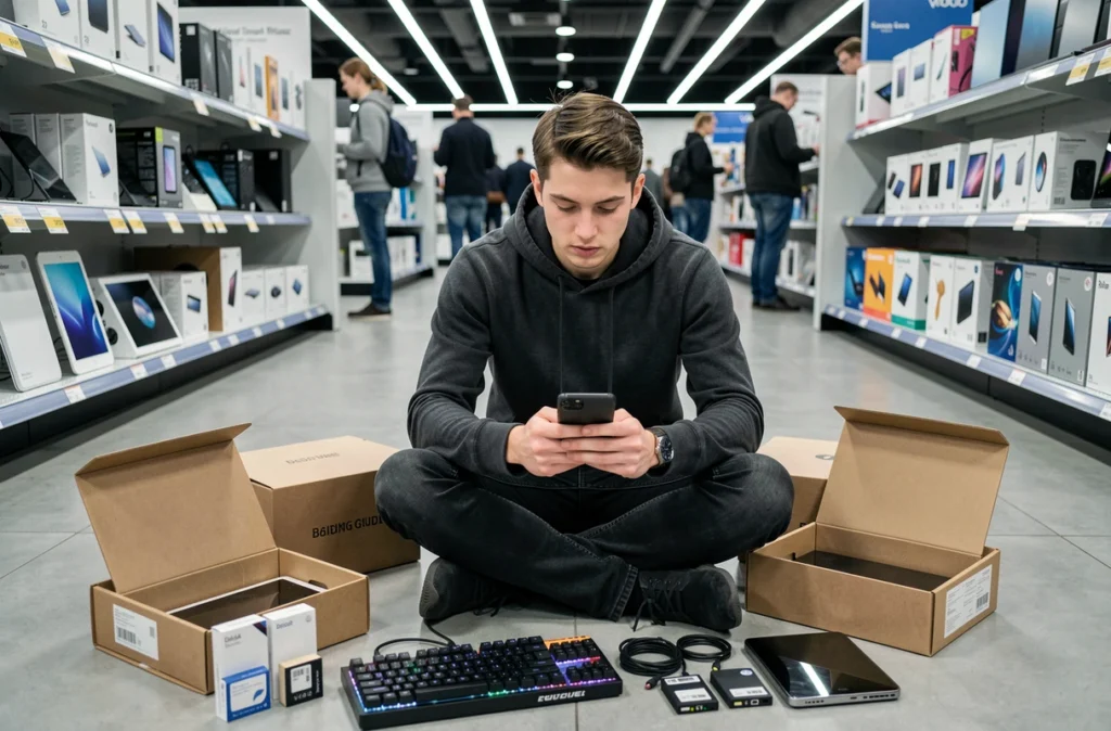 Jeune homme consultant un guide d'achat de matériel informatique entouré de produits high-tech dans un magasin d'électronique