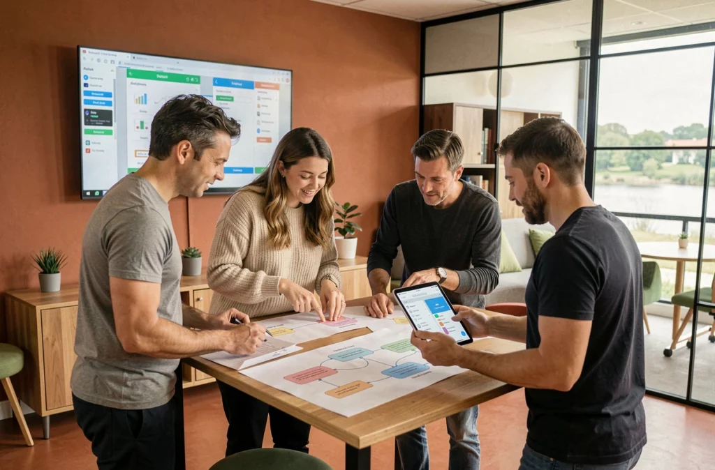 Équipe d'Addictic spécialisée en développement mobile en Centre-Val de Loire réunie autour d'une table de travail