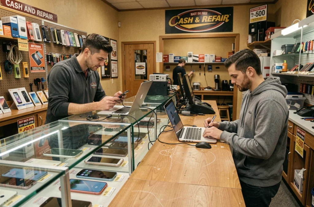 Deux employés de Cash and Repair Tours évaluant un smartphone d'occasion dans un atelier combinant réparation mobile et rachat d'appareils