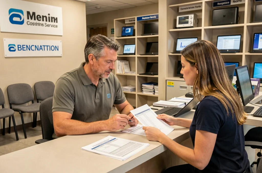 Technicien de Centre Services conseillant une cliente au sujet de la réparation de son ordinateur portable