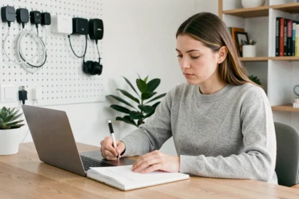 Femme comparant deux ordinateurs portables sur un bureau en bois dans un home office moderne pour choisir le meilleur matériel informatique en 2026