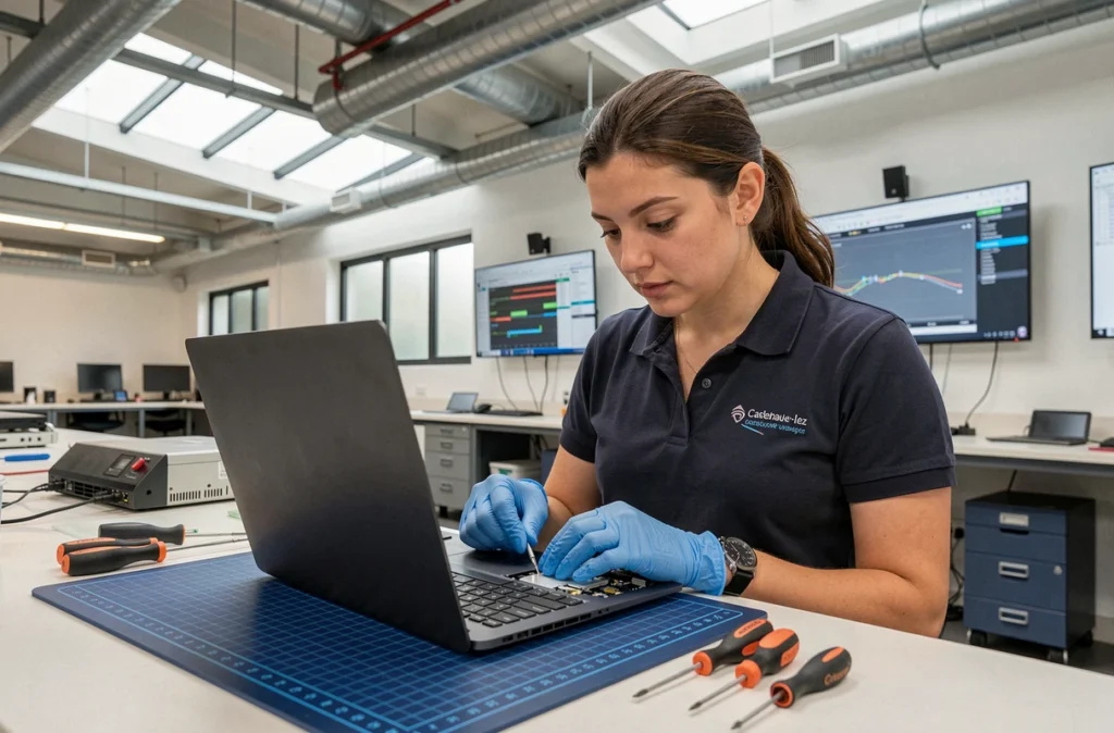 Technicienne démontant un ordinateur portable dans le technocentre CYKERO à Castelnau-le-Lez